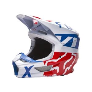 CAPACETE FOX V1 MVRS MIPS SKEW BRANCO VERMELHO AZUL